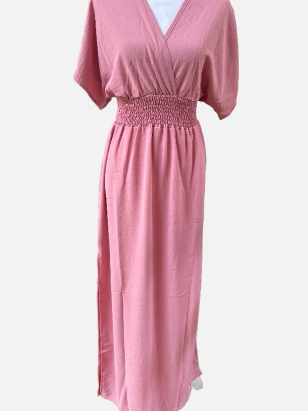 Noflik Pink dolman sleeve elastic waist v-neck relaxed maxi dress